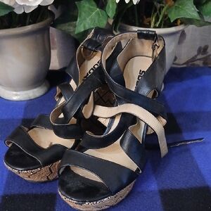 Soda Black and Tan Wedge Sandals